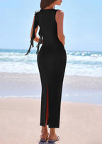 PRETTYGARDEN Women's Summer Maxi Dresses Sleeveless Ruffle Formal Wedding Guest Cocktail Mesh Bodycon Split Long Dress