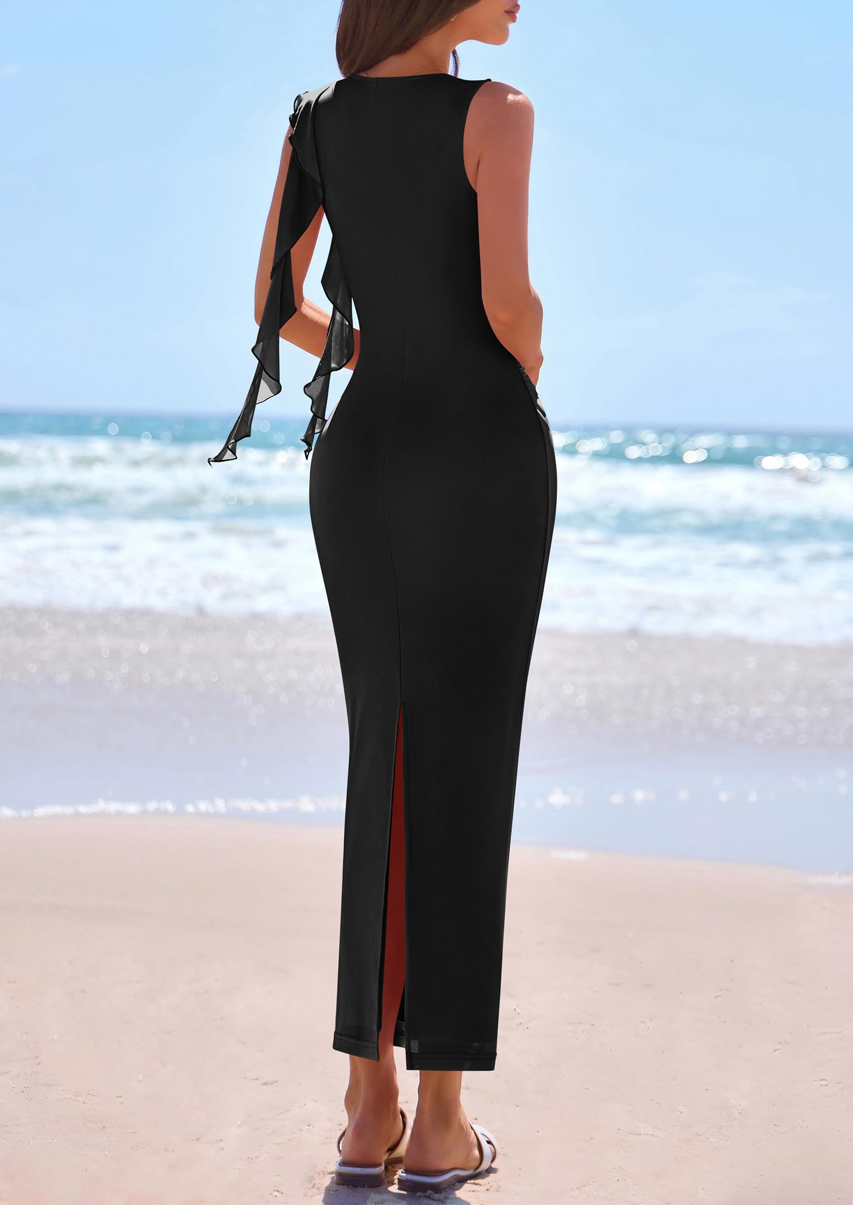 PRETTYGARDEN Women's Summer Maxi Dresses Sleeveless Ruffle Formal Wedding Guest Cocktail Mesh Bodycon Split Long Dress