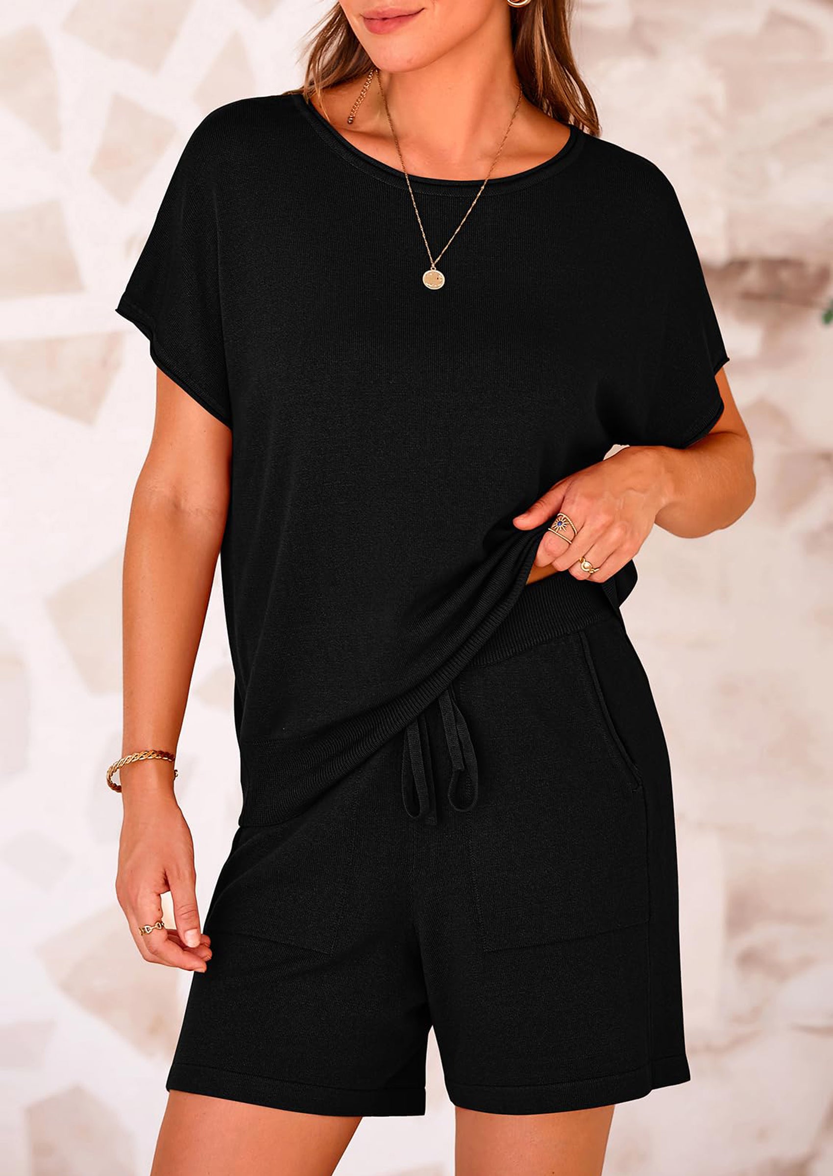 PRETTYGARDEN Two Piece Set for Women Summer Lounge Sets Shorts And Short Sleeve Tops Knitted Matching Travel Spring Outfits