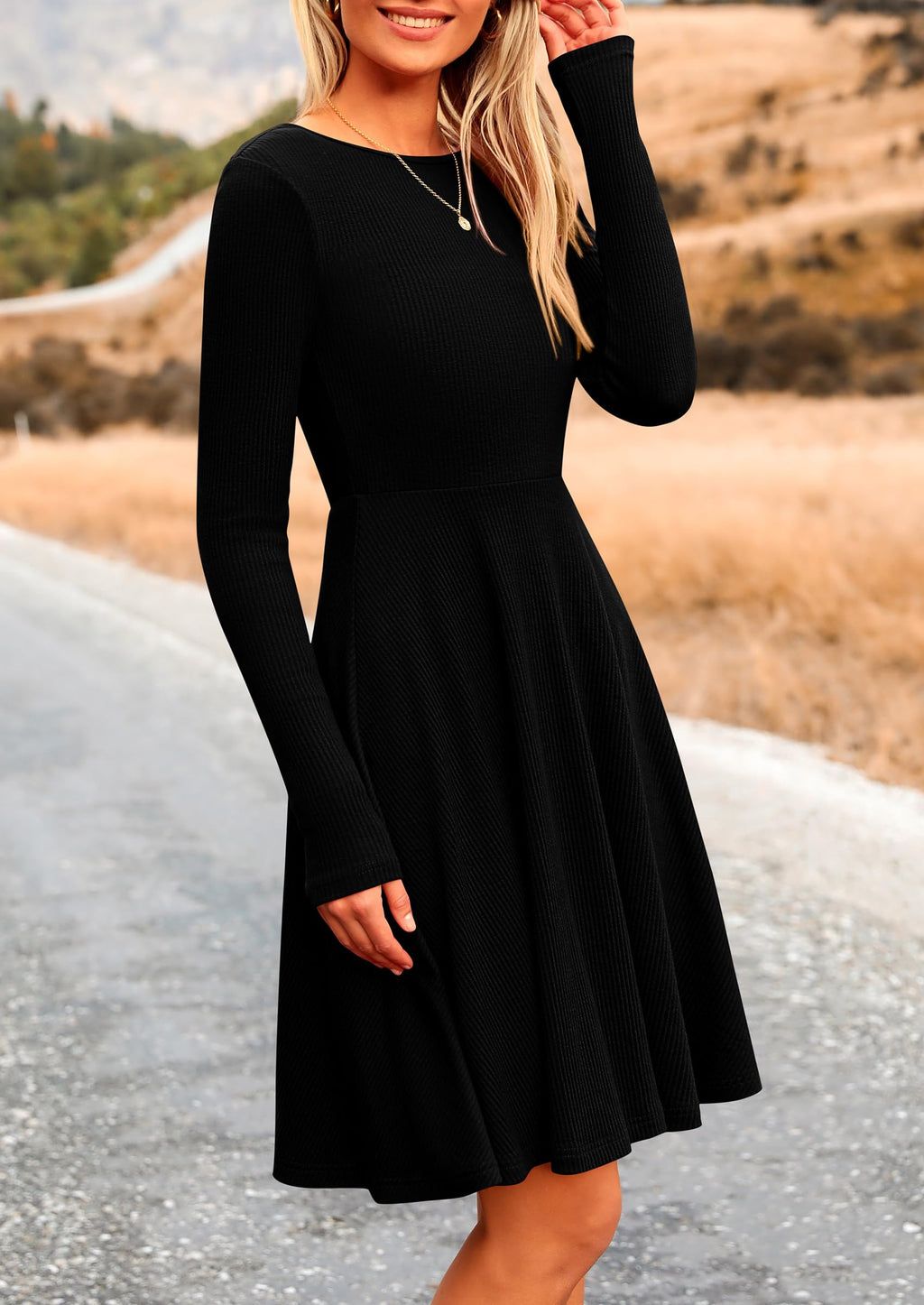 PRETTYGARDEN Women's Spring Fall Short Dress Ribbed Knit Crewneck Long Sleeve A Line Flowy Casual Elegant Going Out Dresses