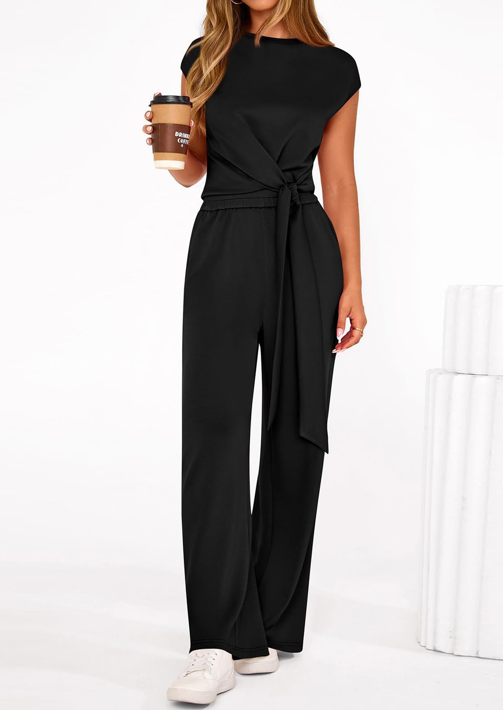 PRETTYGARDEN 2 Piece Matching Lounge Sets For Women Summer Short Sleeve Tie Front Crop Tops Casual Wide Leg Pants Tracksuit