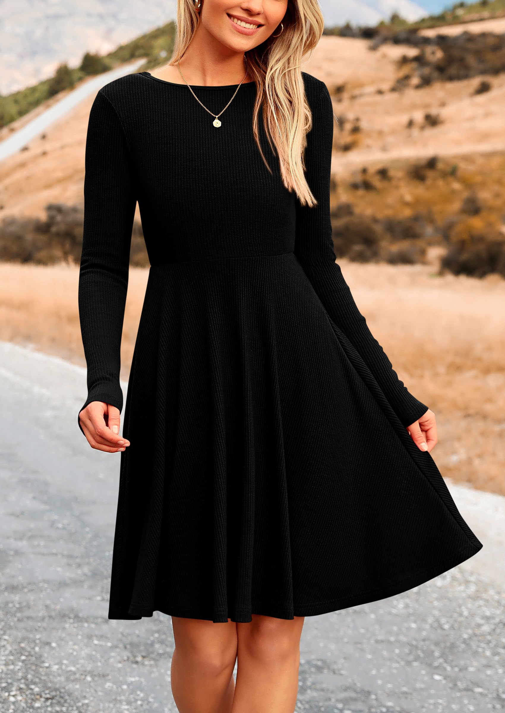 PRETTYGARDEN Women's Spring Fall Short Dress Ribbed Knit Crewneck Long Sleeve A Line Flowy Casual Elegant Going Out Dresses