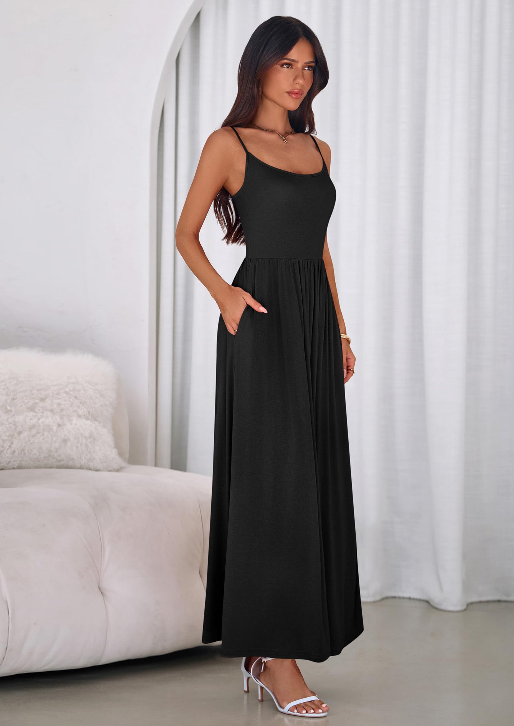 PRETTYGARDEN Womens Spaghetti Strap Maxi Dresses Sleeveless Summer Dress Long Casual Knit Flowy Beach Sundresses with Pockets