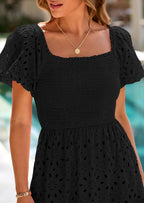 PRETTYGARDEN Dresses for Women Eyelet Square Neck Puff Sleeve Smocked Wedding Guest Maxi Dress with Pockets
