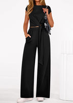 PRETTYGARDEN 2 Piece Matching Lounge Sets For Women Summer Short Sleeve Tie Front Crop Tops Casual Wide Leg Pants Tracksuit