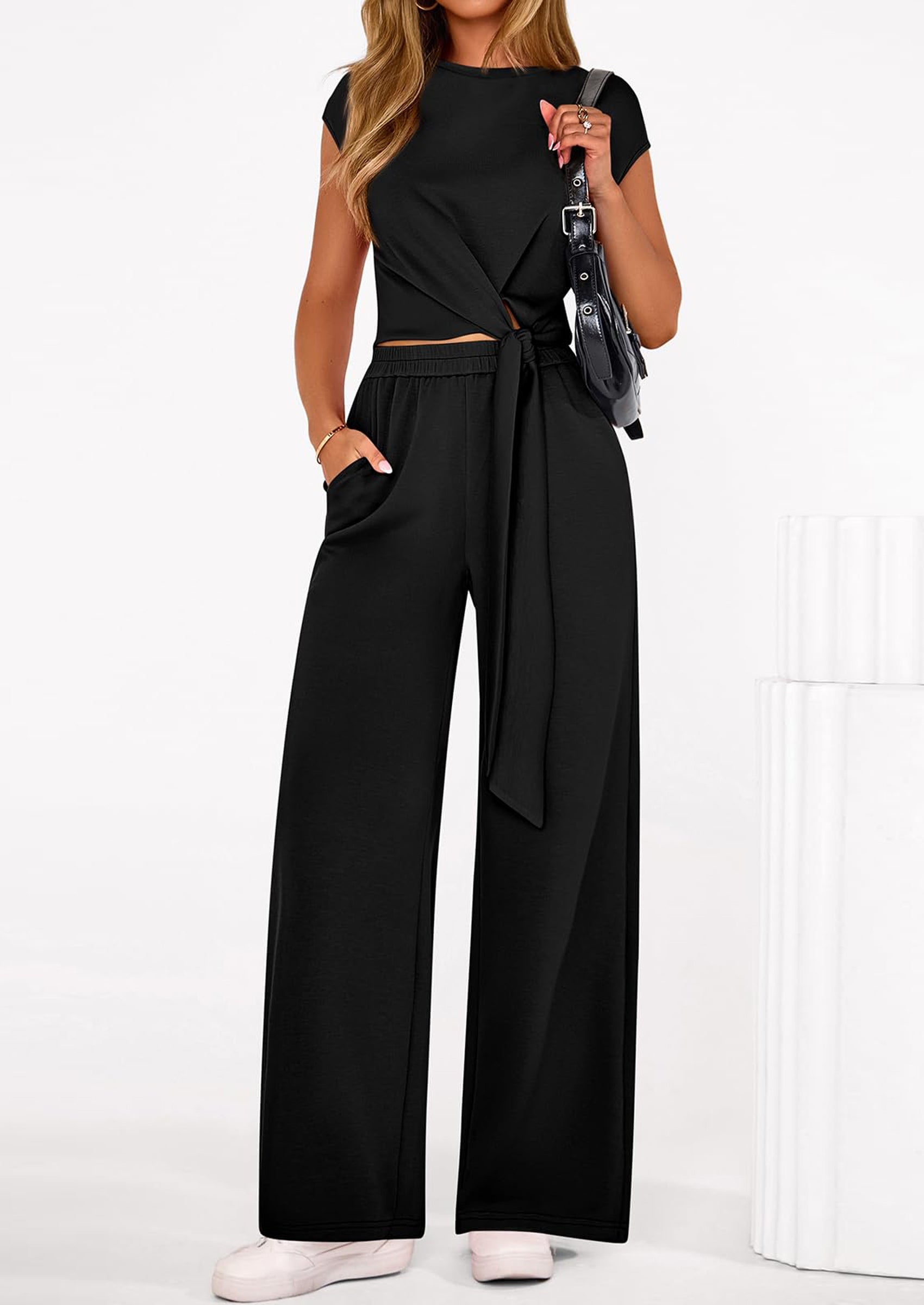 PRETTYGARDEN 2 Piece Matching Lounge Sets For Women Summer Short Sleeve Tie Front Crop Tops Casual Wide Leg Pants Tracksuit