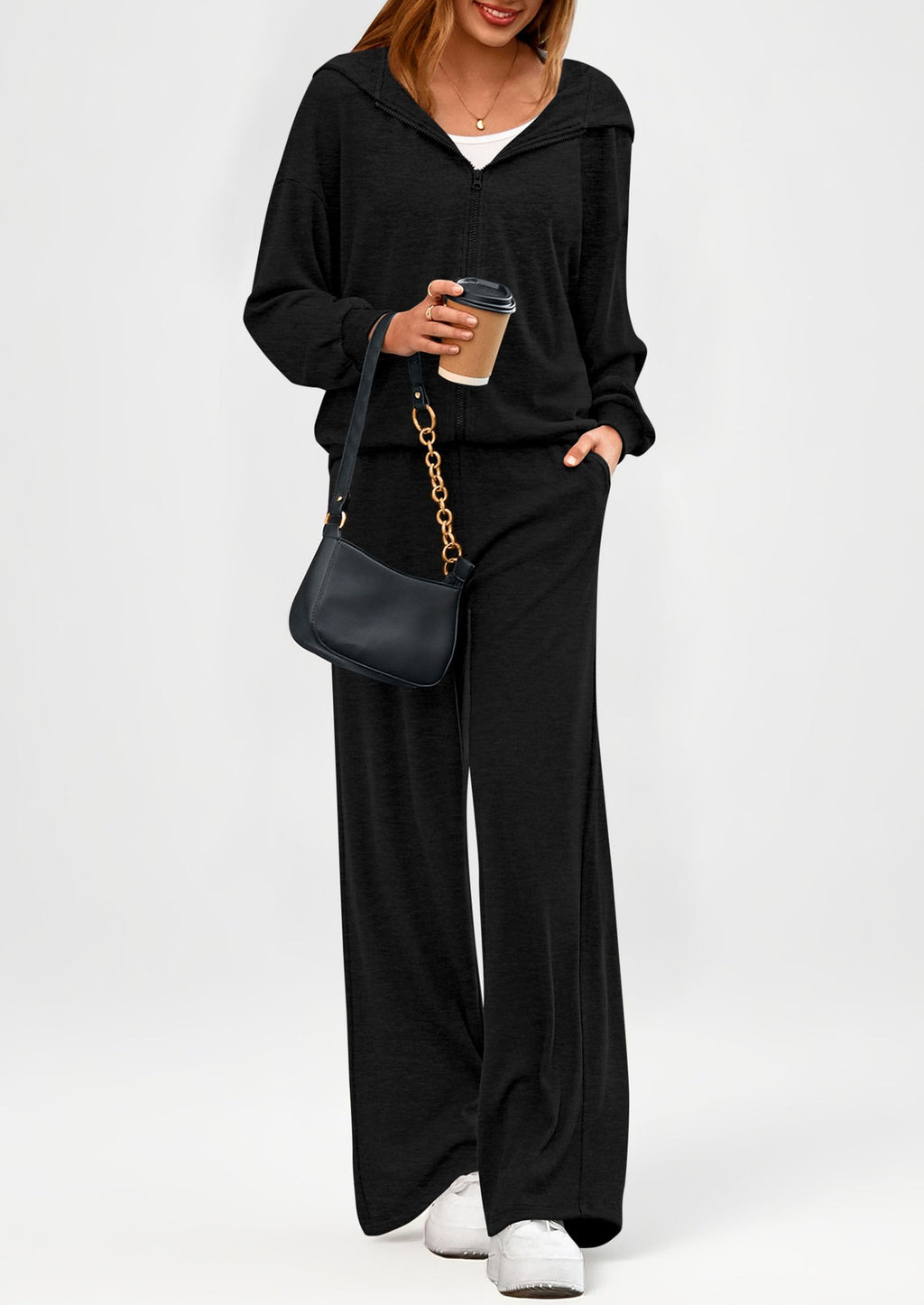 PRETTYGARDEN Women's 2 Piece Fall Lounge Sets Zip Up Hoodie Wide Leg Pants Tracksuit Matching Travel Outfits Clothes
