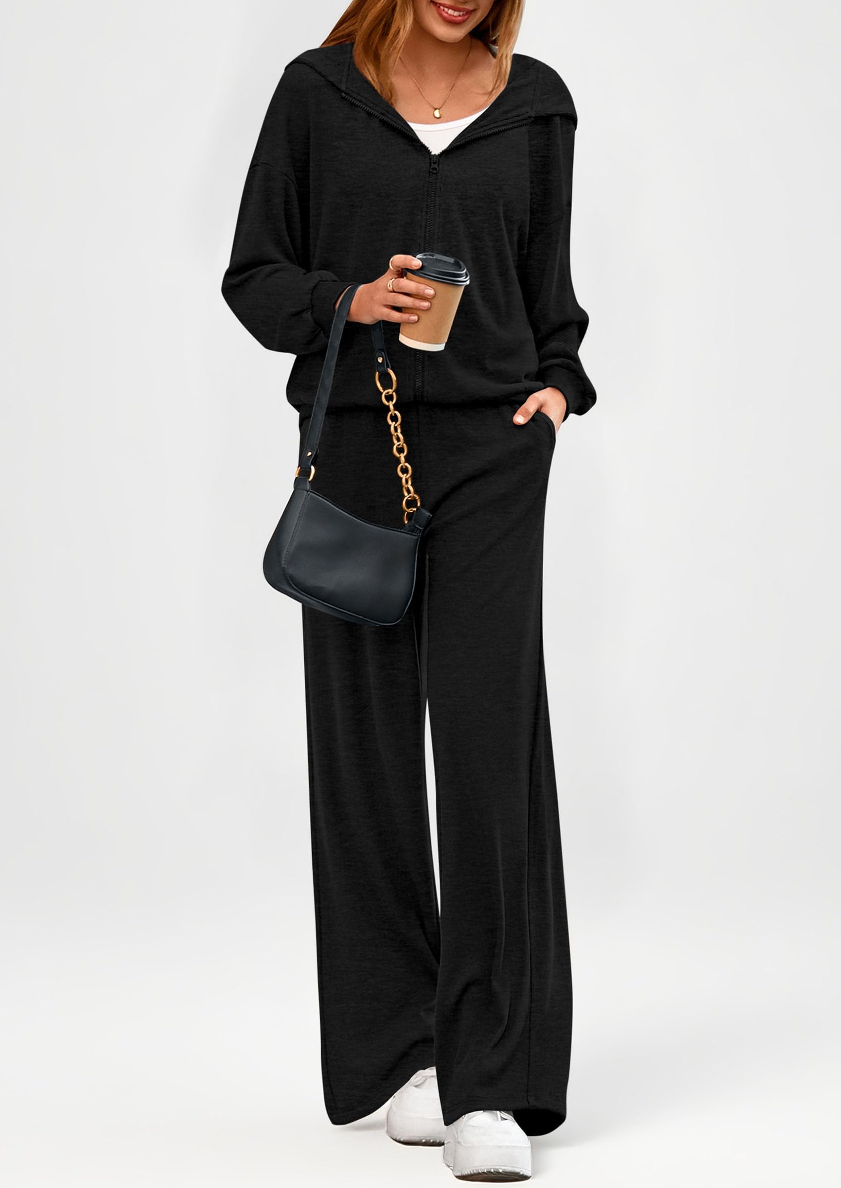 PRETTYGARDEN Women's 2 Piece Fall Lounge Sets Zip Up Hoodie Wide Leg Pants Tracksuit Matching Travel Outfits Clothes