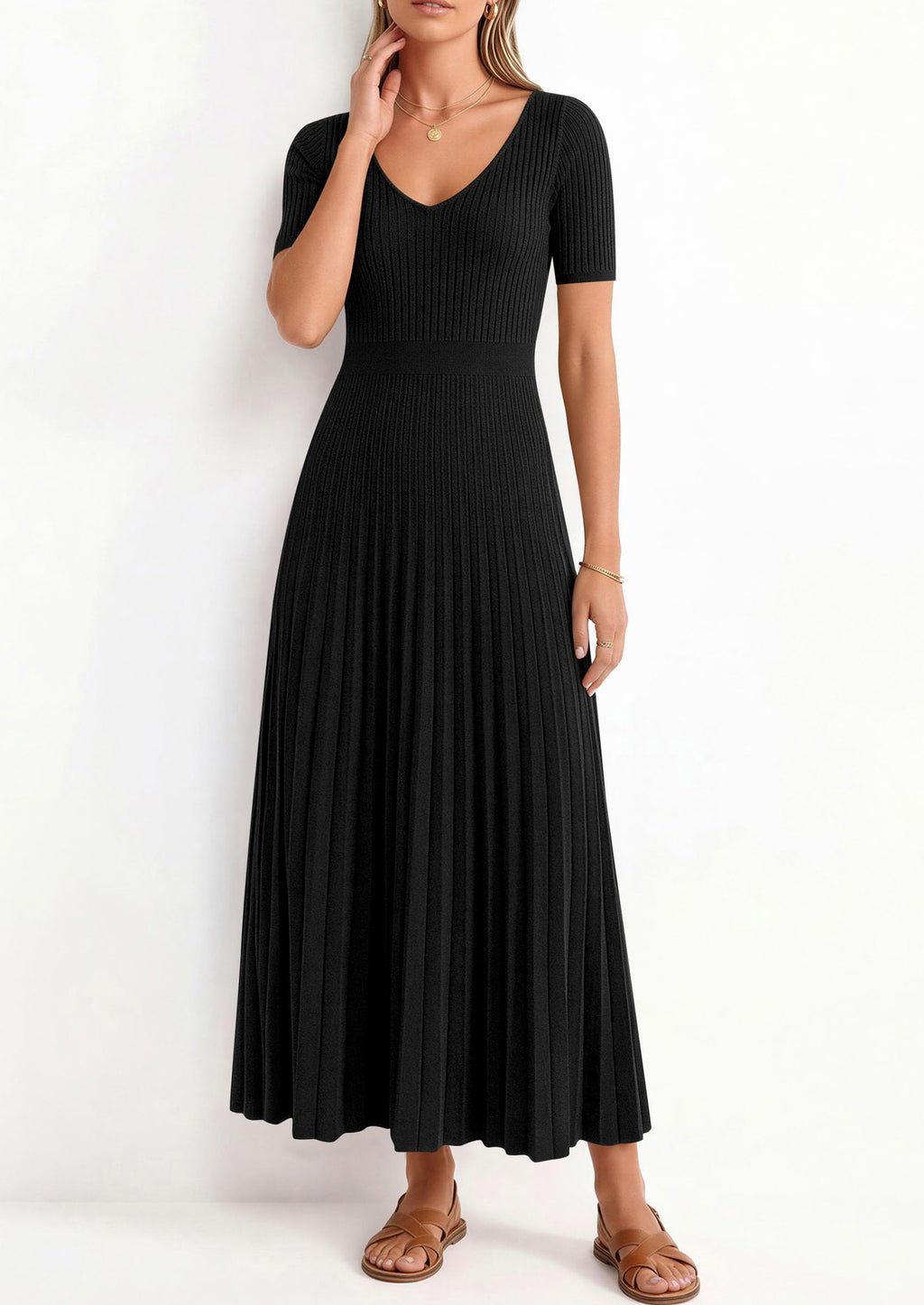 PRETTYGARDEN Women's Spring Midi Sweater Dresses Elegant Pleated Ribbed Knit Short Sleeve V Neck A Line Summer Outfits