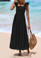 PRETTYGARDEN Womens Square Neck Maxi Dresses Cap Sleeve Eyelet Smocked Tiered A Line Flowy Long Dress with Pockets