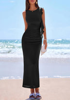 PRETTYGARDEN Women's Summer Maxi Dresses Sleeveless Ruffle Formal Wedding Guest Cocktail Mesh Bodycon Split Long Dress