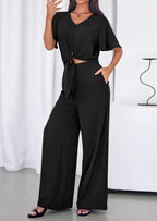 PRETTYGARDEN Women 2 Piece Summer Outfits Short Sleeve Strappy Top Wide Leg Pants Tracksuit Lounge Sets Beach Clothes