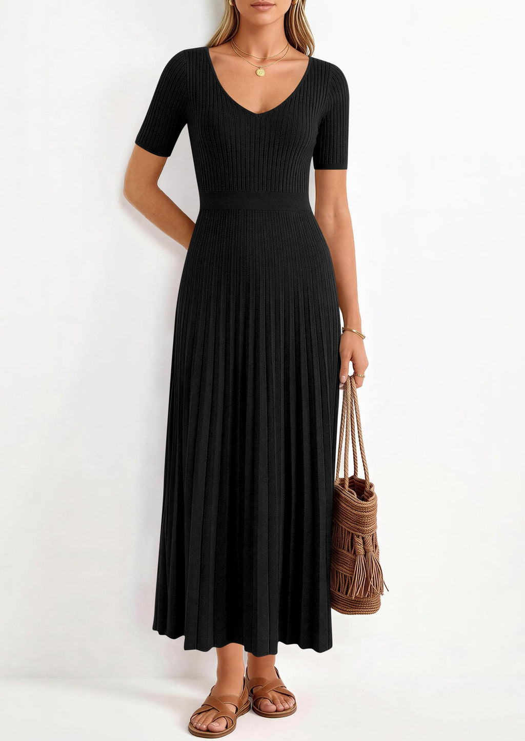 PRETTYGARDEN Women's Spring Midi Sweater Dresses Elegant Pleated Ribbed Knit Short Sleeve V Neck A Line Summer Outfits