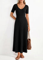 PRETTYGARDEN Women's Spring Midi Sweater Dresses Elegant Pleated Ribbed Knit Short Sleeve V Neck A Line Summer Outfits