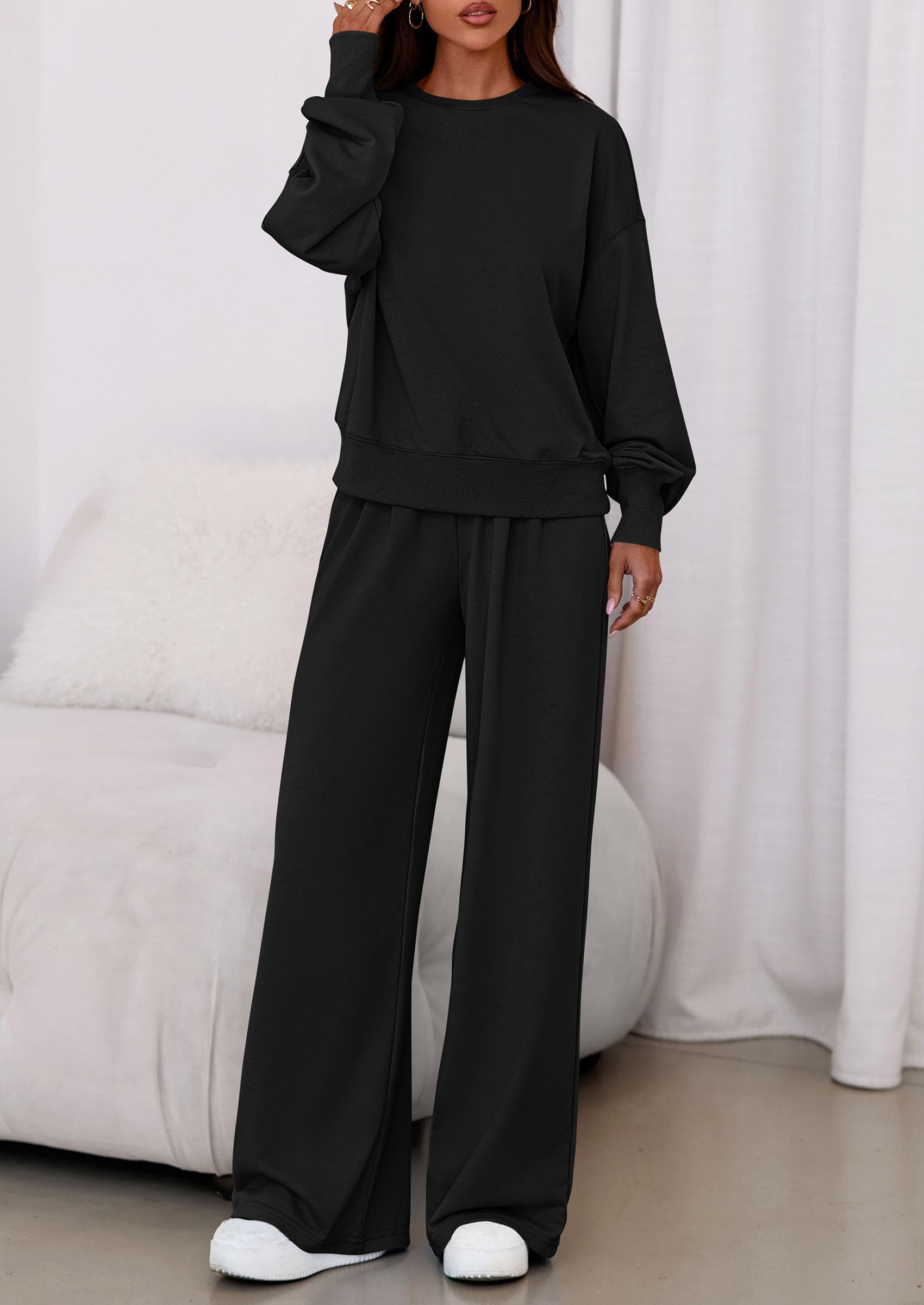 PRETTYGARDEN Womens 2 Piece Sets Long Sleeve Sweatshirt Wide Leg Pants Loose Matching Lounge Set Trendy Fall Outfits
