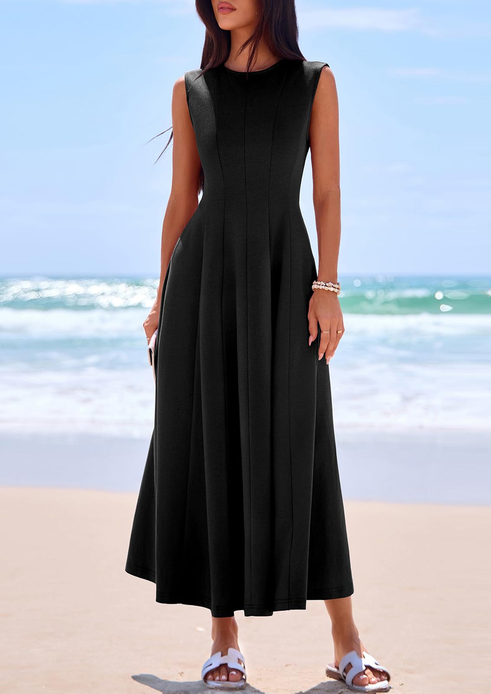 PRETTYGARDEN Sleeveless Crewneck Summer Maxi Dresses for Women Elegant Classy Semi Formal A Line Modest Party Dress
