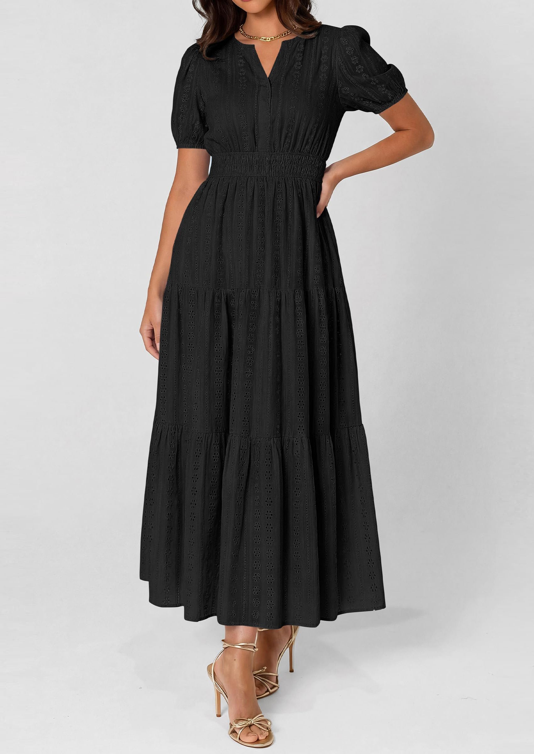 PRETTYGARDEN Womens Summer Maxi Dresses Casual Puff Sleeve V Neck Smocked Flowy Eyelet Cotton Dress Spring Sundress