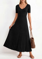 PRETTYGARDEN Women's Spring Midi Sweater Dresses Elegant Pleated Ribbed Knit Short Sleeve V Neck A Line Summer Outfits