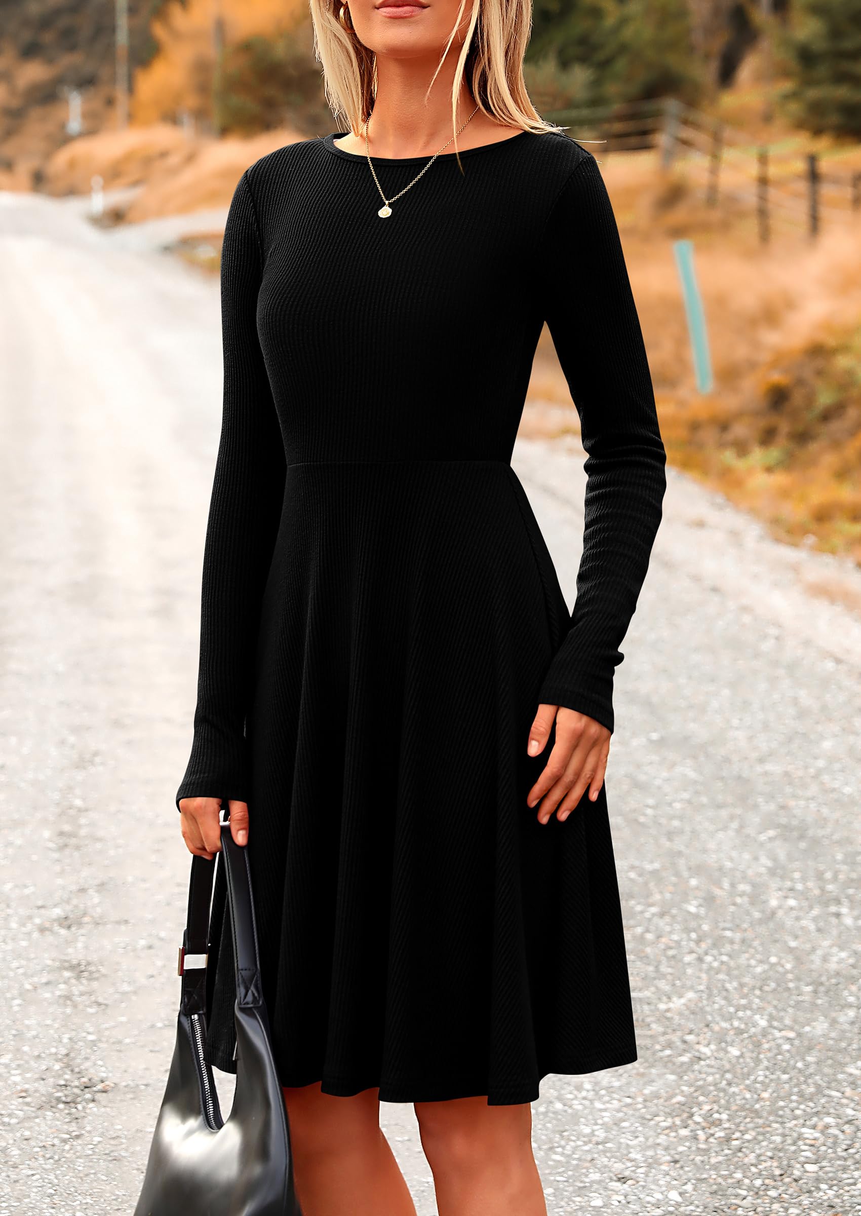 PRETTYGARDEN Women's Spring Fall Short Dress Ribbed Knit Crewneck Long Sleeve A Line Flowy Casual Elegant Going Out Dresses