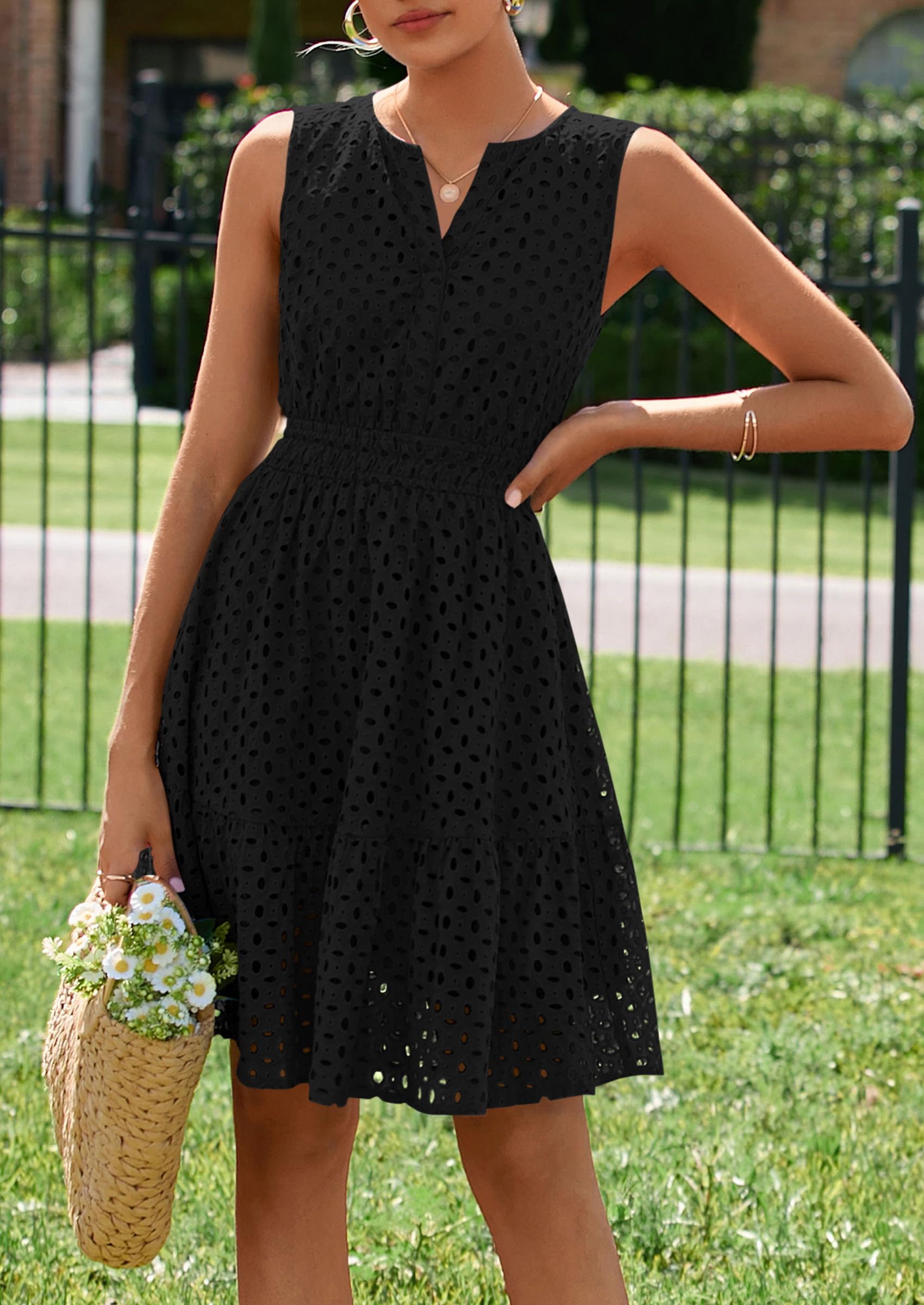 PRETTYGARDEN Women's Summer Dresses Sleeveless V Neck Eyelet Hollow Out Swing A Line Beach Vacation Sun Dress
