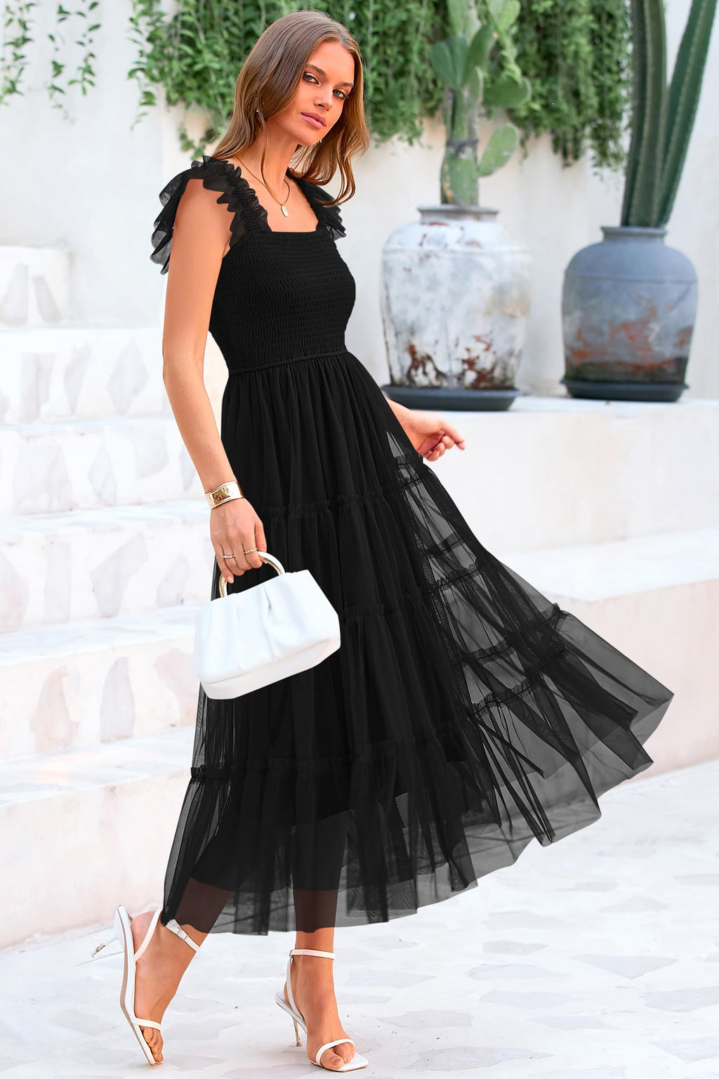 PRETTYGARDEN Women's Tulle Midi Dress Sleeveless Smocked Ruffle Mesh Flowy Dresses Party Wedding Guest Sundress