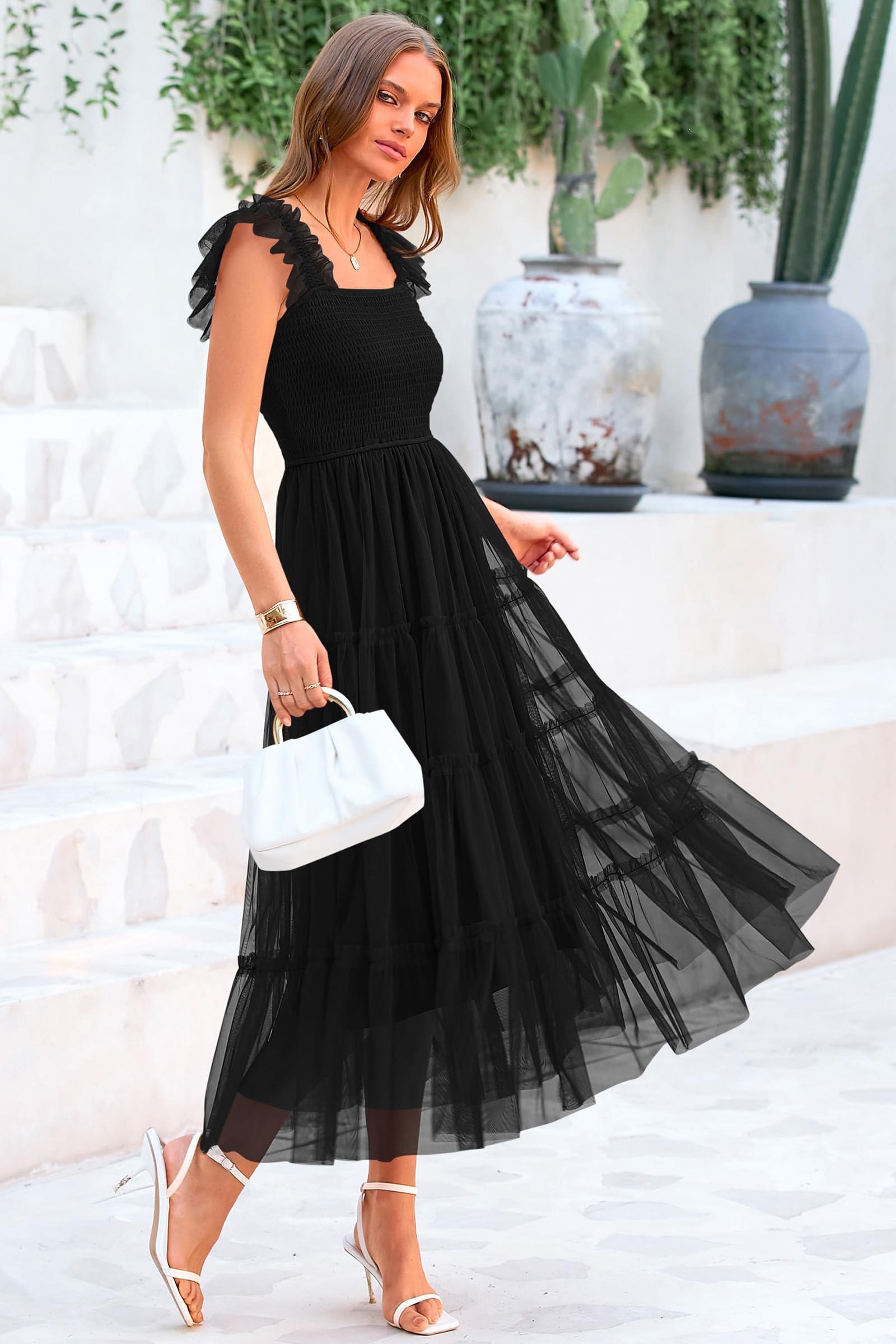 PRETTYGARDEN Women's Tulle Midi Dress Sleeveless Smocked Ruffle Mesh Flowy Dresses Party Wedding Guest Sundress