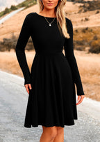 PRETTYGARDEN Women's Spring Fall Short Dress Ribbed Knit Crewneck Long Sleeve A Line Flowy Casual Elegant Going Out Dresses