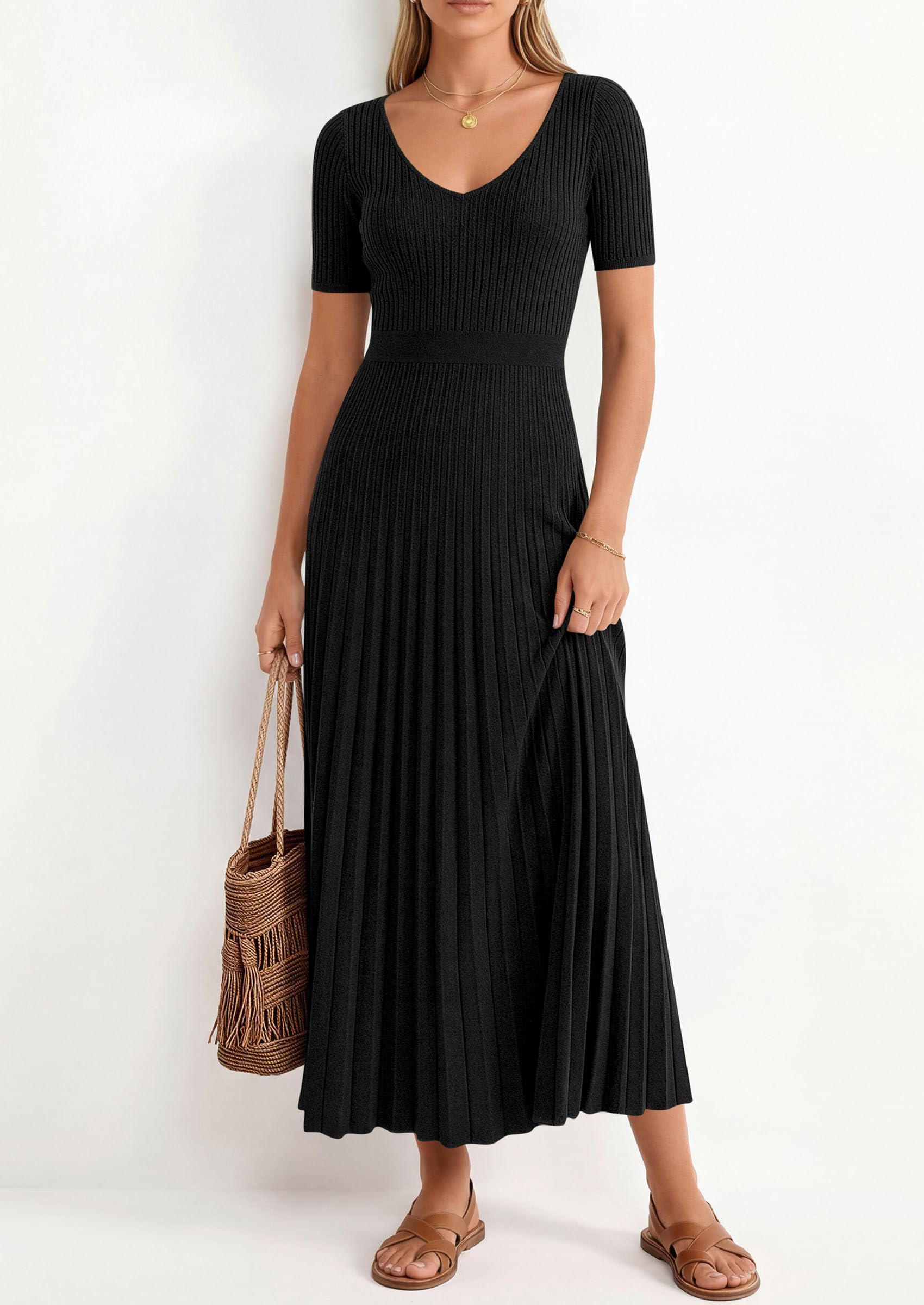 PRETTYGARDEN Women's Spring Midi Sweater Dresses Elegant Pleated Ribbed Knit Short Sleeve V Neck A Line Summer Outfits
