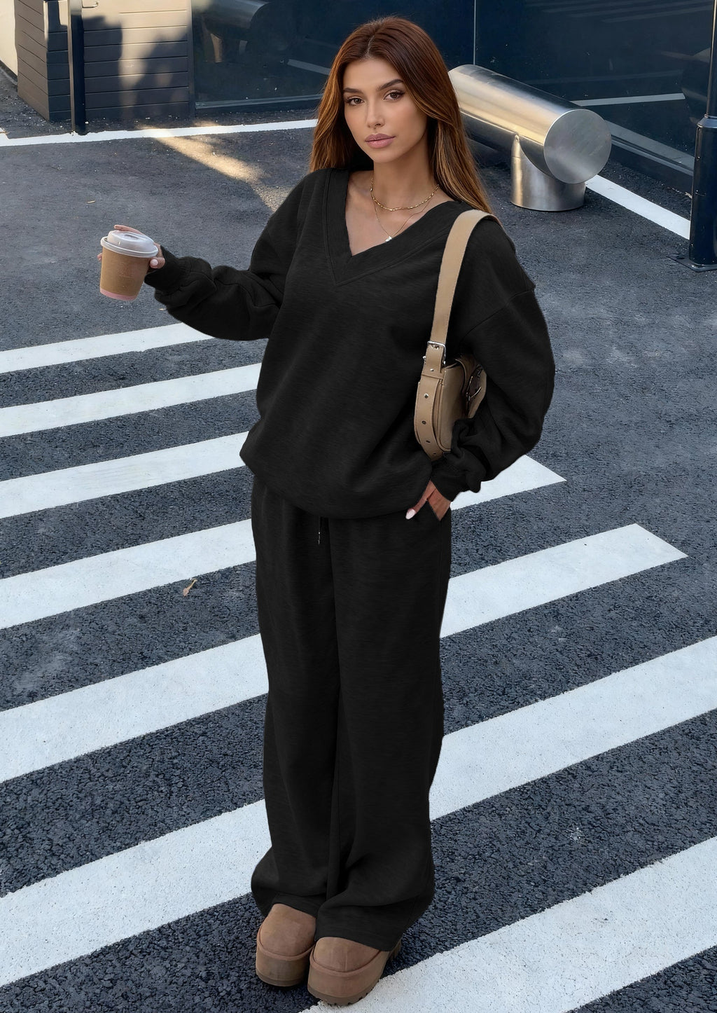PRETTYGARDEN Casual Winter Two Piece Sets for Women V Neck Sweatshirt Loose Wide Leg Pants Tracksuit Knit Fall Outfits