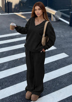 PRETTYGARDEN Casual Winter Two Piece Sets for Women V Neck Sweatshirt Loose Wide Leg Pants Tracksuit Knit Fall Outfits