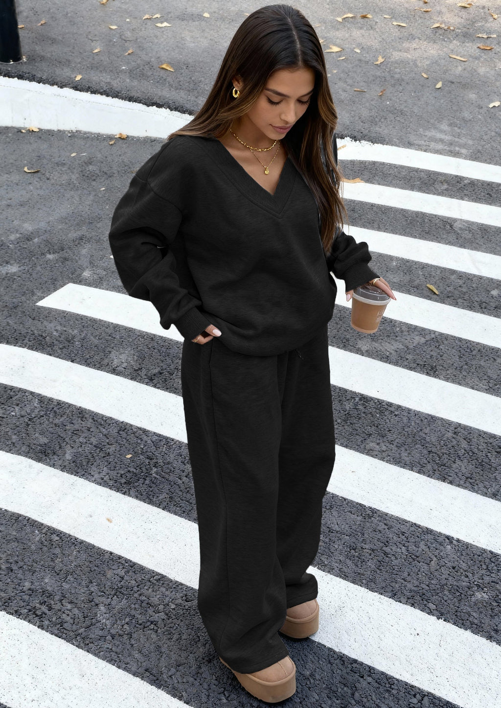 PRETTYGARDEN Casual Winter Two Piece Sets for Women V Neck Sweatshirt Loose Wide Leg Pants Tracksuit Knit Fall Outfits