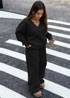 PRETTYGARDEN Casual Winter Two Piece Sets for Women V Neck Sweatshirt Loose Wide Leg Pants Tracksuit Knit Fall Outfits