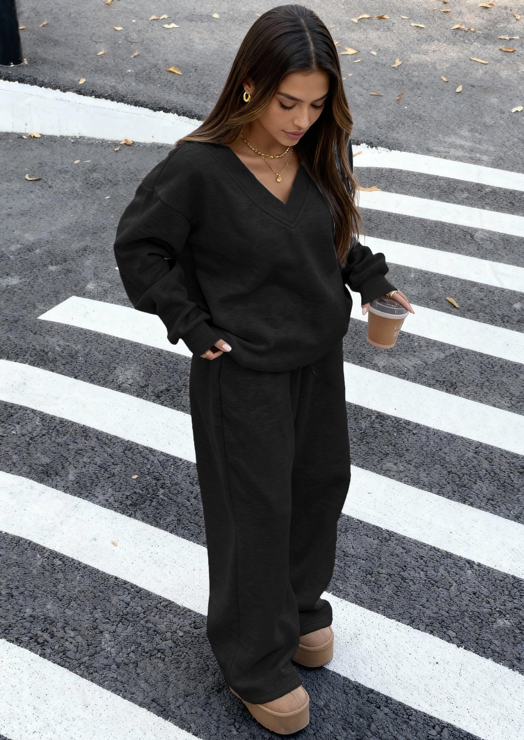 PRETTYGARDEN Casual Winter Two Piece Sets for Women V Neck Sweatshirt Loose Wide Leg Pants Tracksuit Knit Fall Outfits