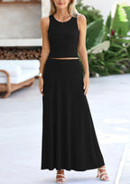 PRETTYGARDEN 2 Piece Maxi Skirt Sets Casual Knit Cropped Tank Top High Waisted Long Skirts Outfit