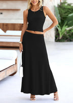 PRETTYGARDEN 2 Piece Maxi Skirt Sets Casual Knit Cropped Tank Top High Waisted Long Skirts Outfit