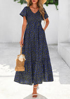 PRETTYGARDEN Women Floral Boho Maxi Dresses Short Sleeve V Neck Smocked A Line Long Flowy Beach Vacation Dress