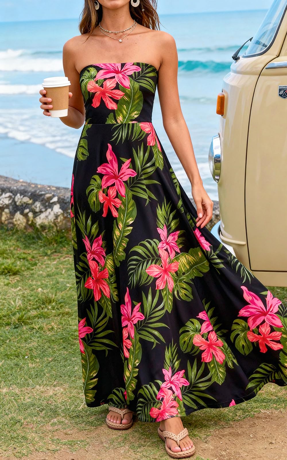 PRETTYGARDEN Sleeveless Floral Summer Maxi Dresses for Women Tube Top Flowy Long Dress Tropical Beach Vacation Clothes