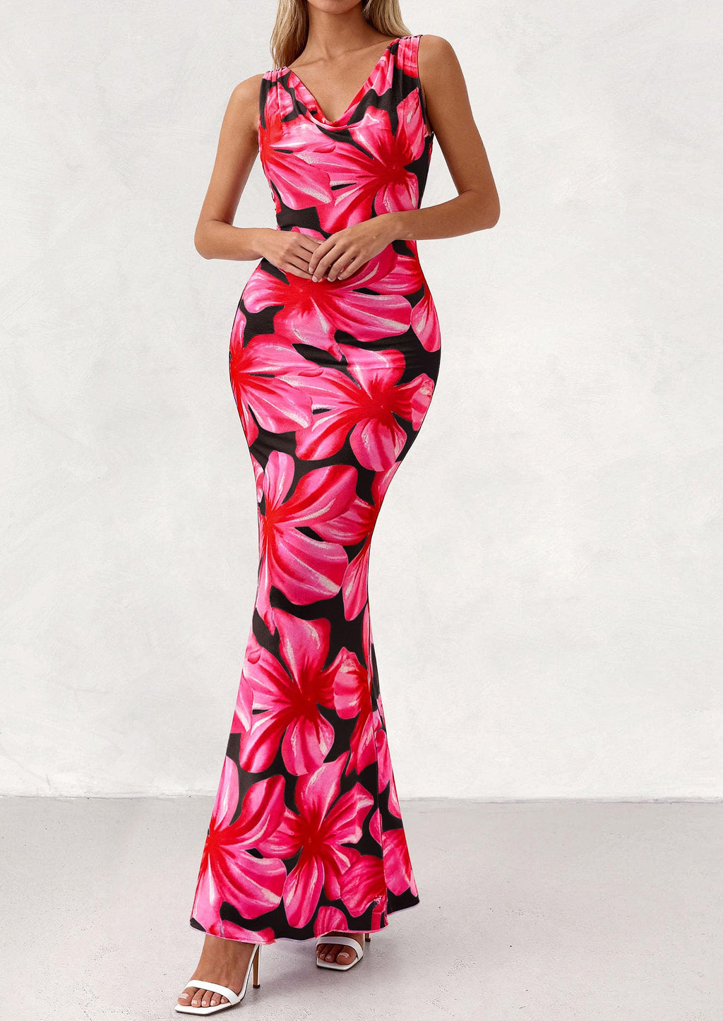 PRETTYGARDEN Women's Summer Cowl Neck Floral Maxi Dress Sleeveless Bodycon Beach Vacation Long Party Wedding Guest Dresses