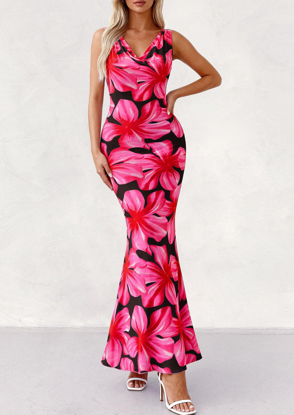 PRETTYGARDEN Women's Summer Cowl Neck Floral Maxi Dress Sleeveless Bodycon Beach Vacation Long Party Wedding Guest Dresses