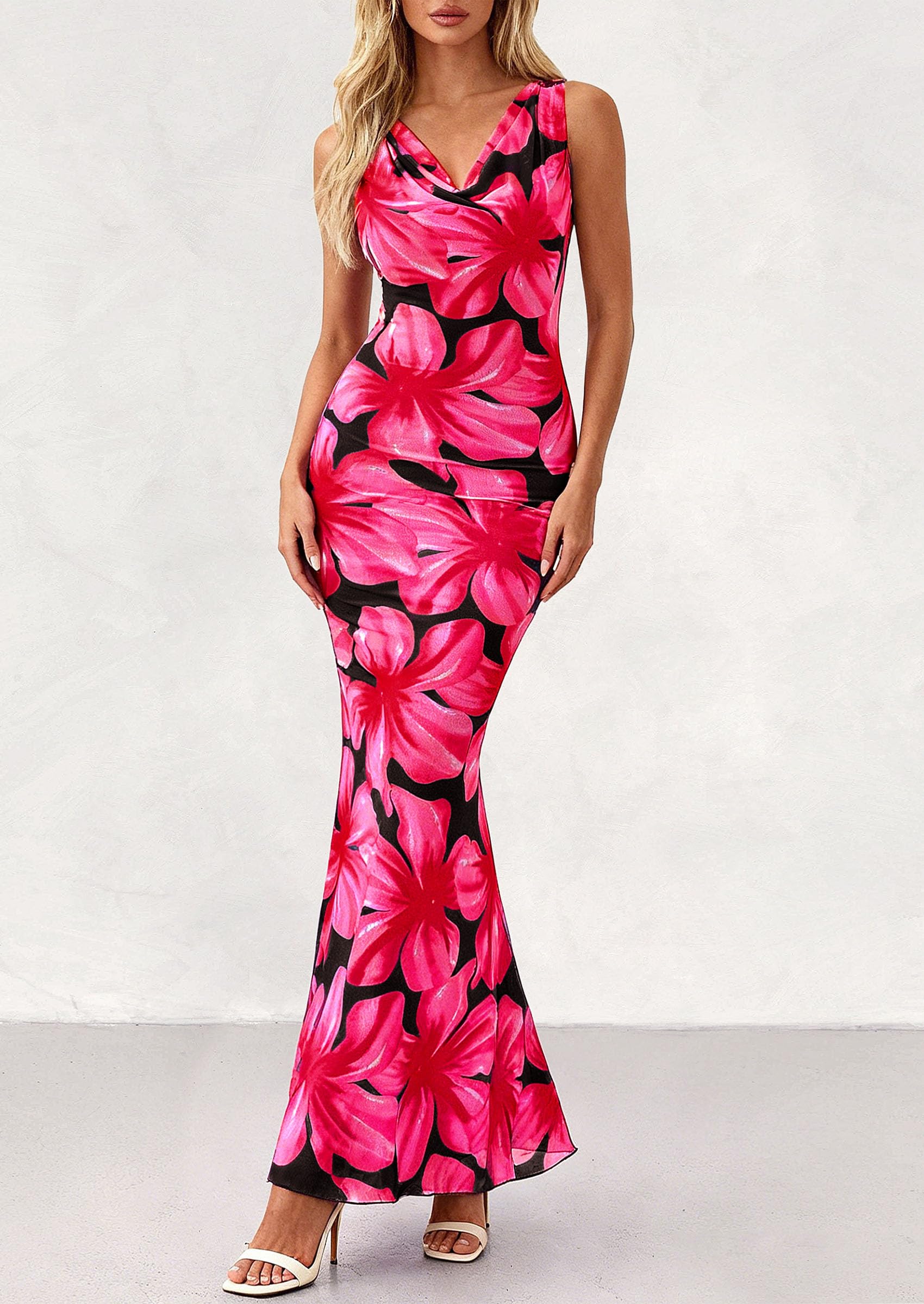 PRETTYGARDEN Women's Summer Cowl Neck Floral Maxi Dress Sleeveless Bodycon Beach Vacation Long Party Wedding Guest Dresses