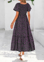 PRETTYGARDEN Women Floral Boho Maxi Dresses Short Sleeve V Neck Smocked A Line Long Flowy Beach Vacation Dress