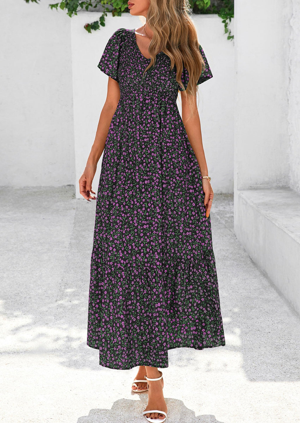 PRETTYGARDEN Women Floral Boho Maxi Dresses Short Sleeve V Neck Smocked A Line Long Flowy Beach Vacation Dress