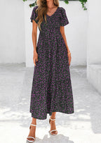 PRETTYGARDEN Women Floral Boho Maxi Dresses Short Sleeve V Neck Smocked A Line Long Flowy Beach Vacation Dress