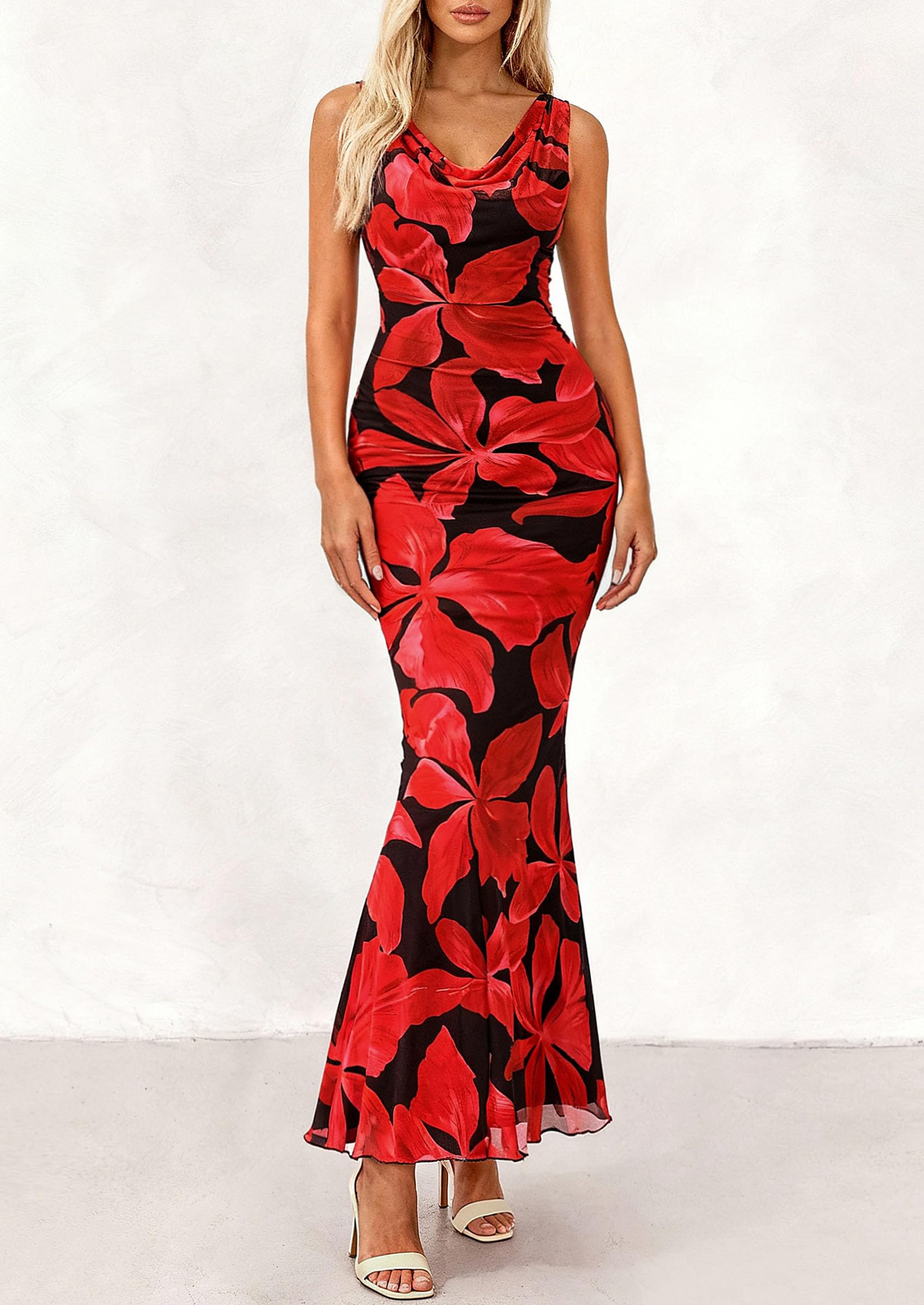 PRETTYGARDEN Women's Summer Cowl Neck Floral Maxi Dress Sleeveless Bodycon Beach Vacation Long Party Wedding Guest Dresses