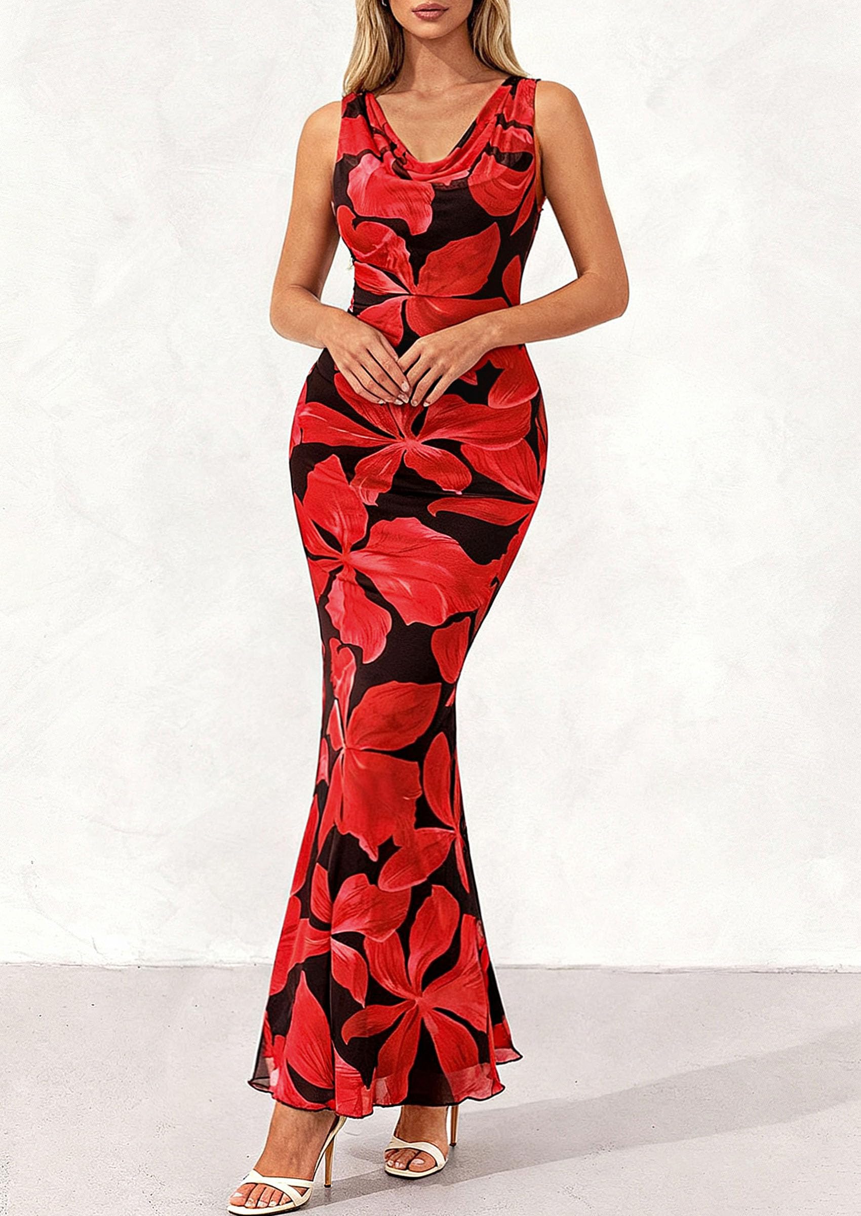 PRETTYGARDEN Women's Summer Cowl Neck Floral Maxi Dress Sleeveless Bodycon Beach Vacation Long Party Wedding Guest Dresses