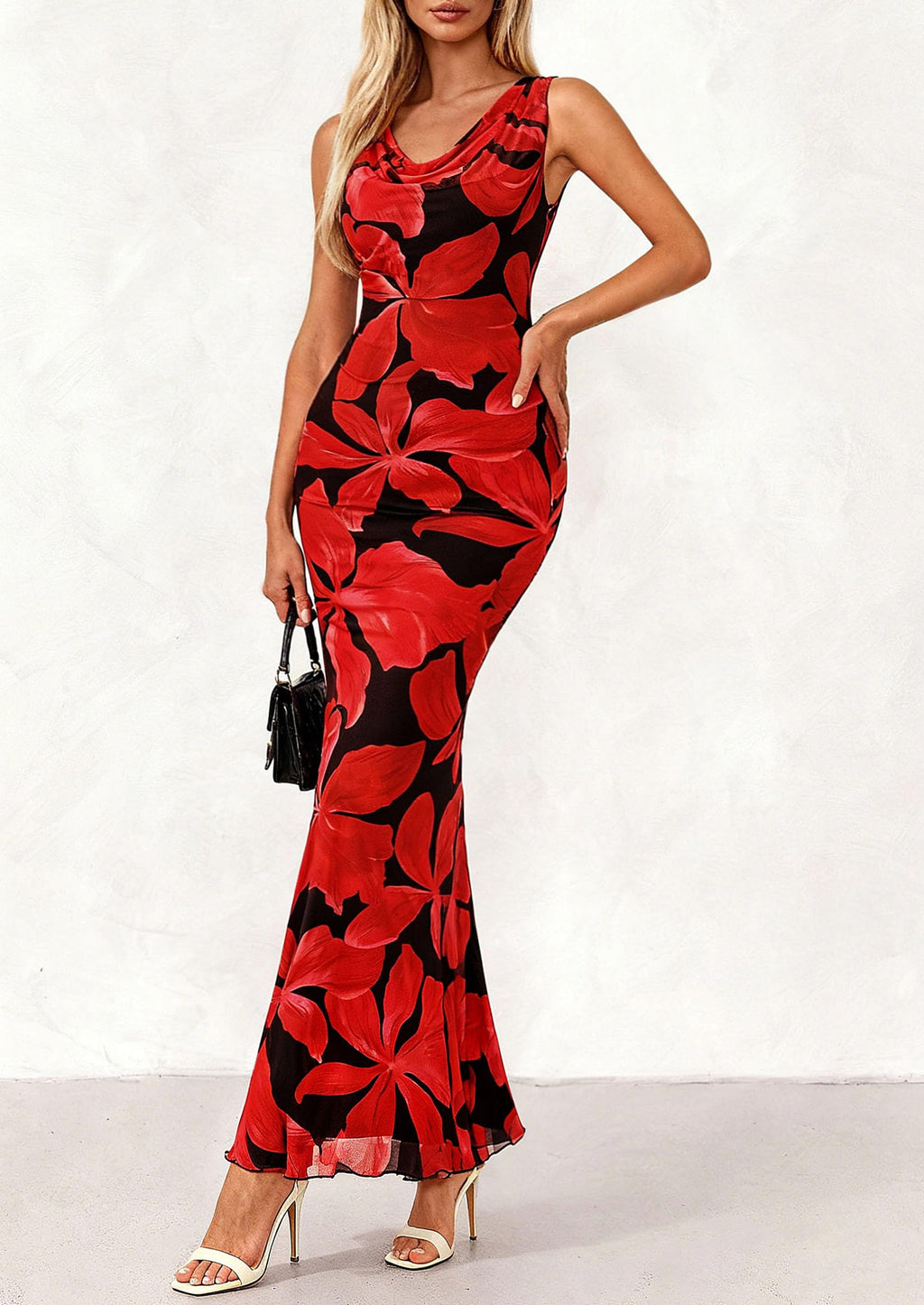 PRETTYGARDEN Women's Summer Cowl Neck Floral Maxi Dress Sleeveless Bodycon Beach Vacation Long Party Wedding Guest Dresses