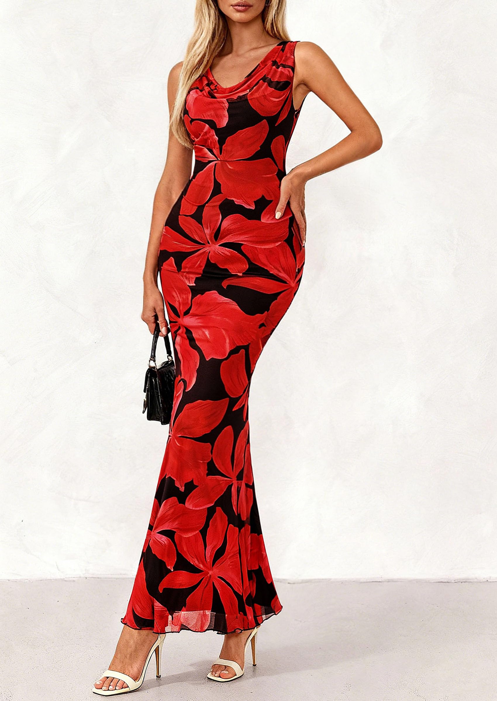PRETTYGARDEN Women's Summer Cowl Neck Floral Maxi Dress Sleeveless Bodycon Beach Vacation Long Party Wedding Guest Dresses