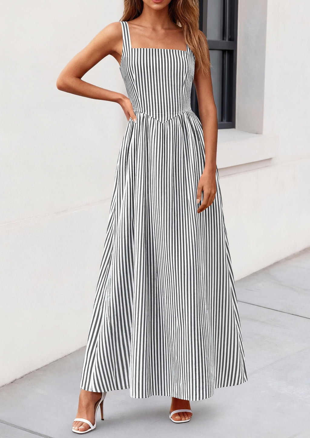 PRETTYGARDEN Women's Maxi Striped Dress Summer Sleeveless Square Neck Smocked A Line Long Flowy Spring Vacation Sundress