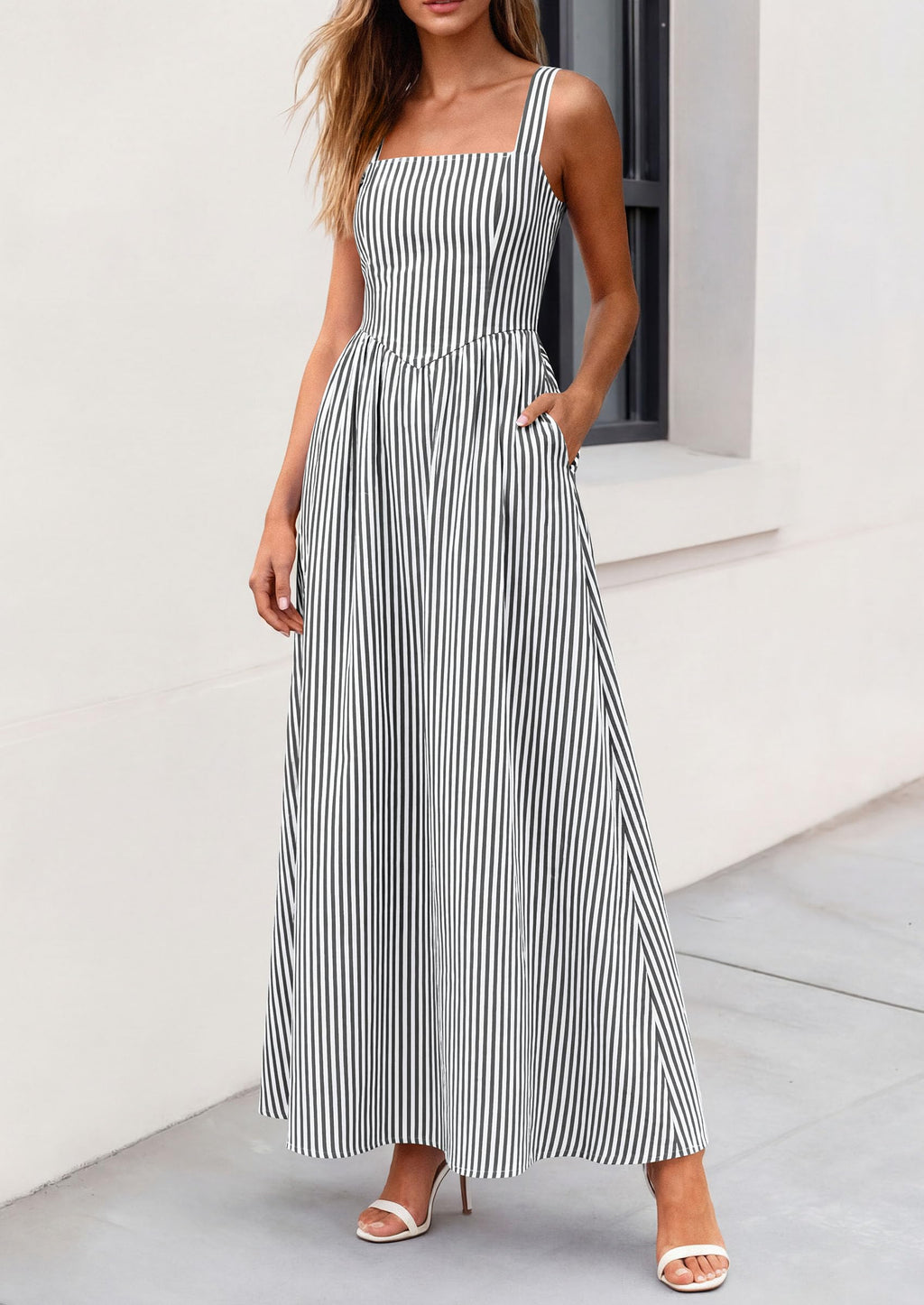 PRETTYGARDEN Women's Maxi Striped Dress Summer Sleeveless Square Neck Smocked A Line Long Flowy Spring Vacation Sundress