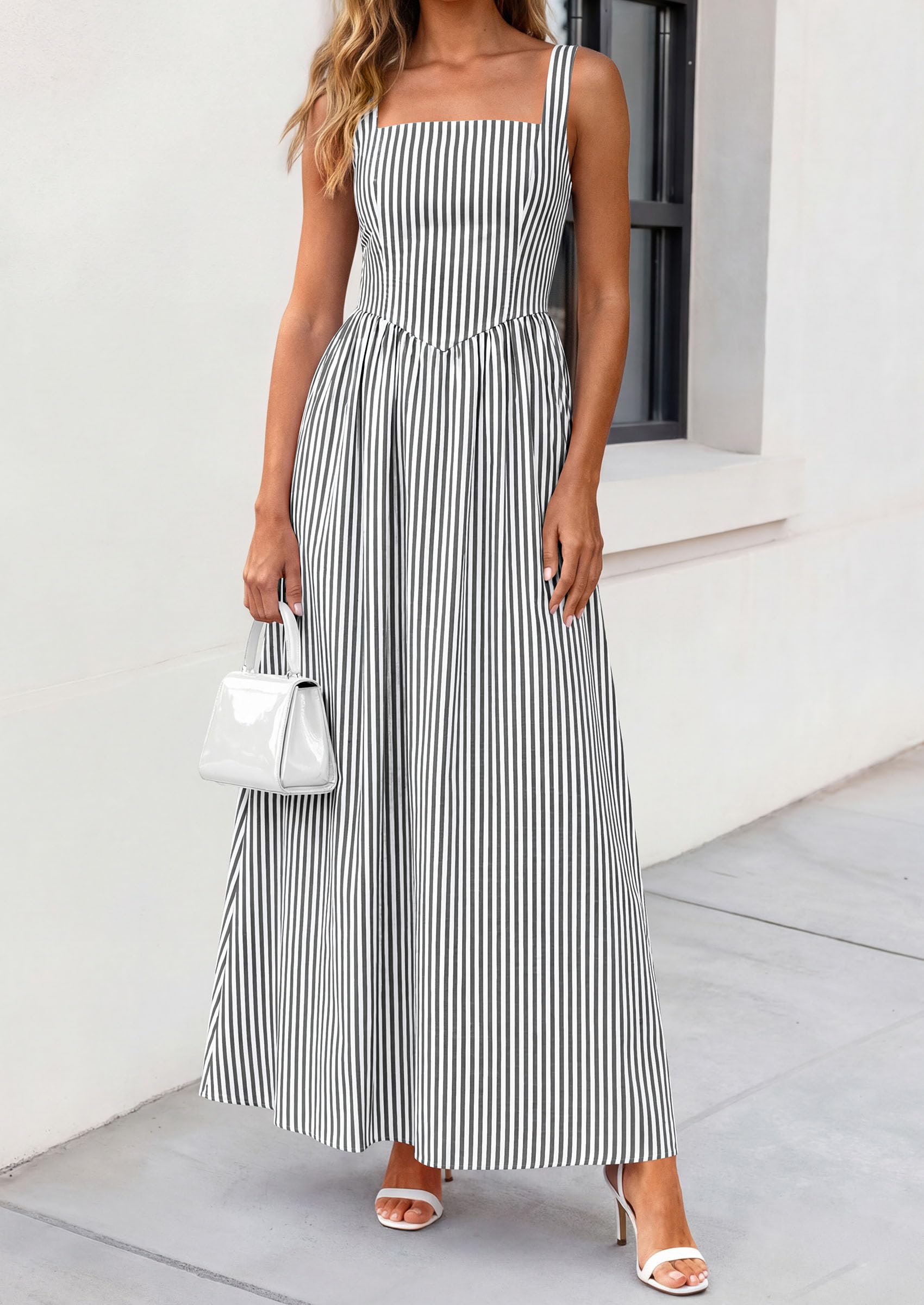 PRETTYGARDEN Women's Maxi Striped Dress Summer Sleeveless Square Neck Smocked A Line Long Flowy Spring Vacation Sundress